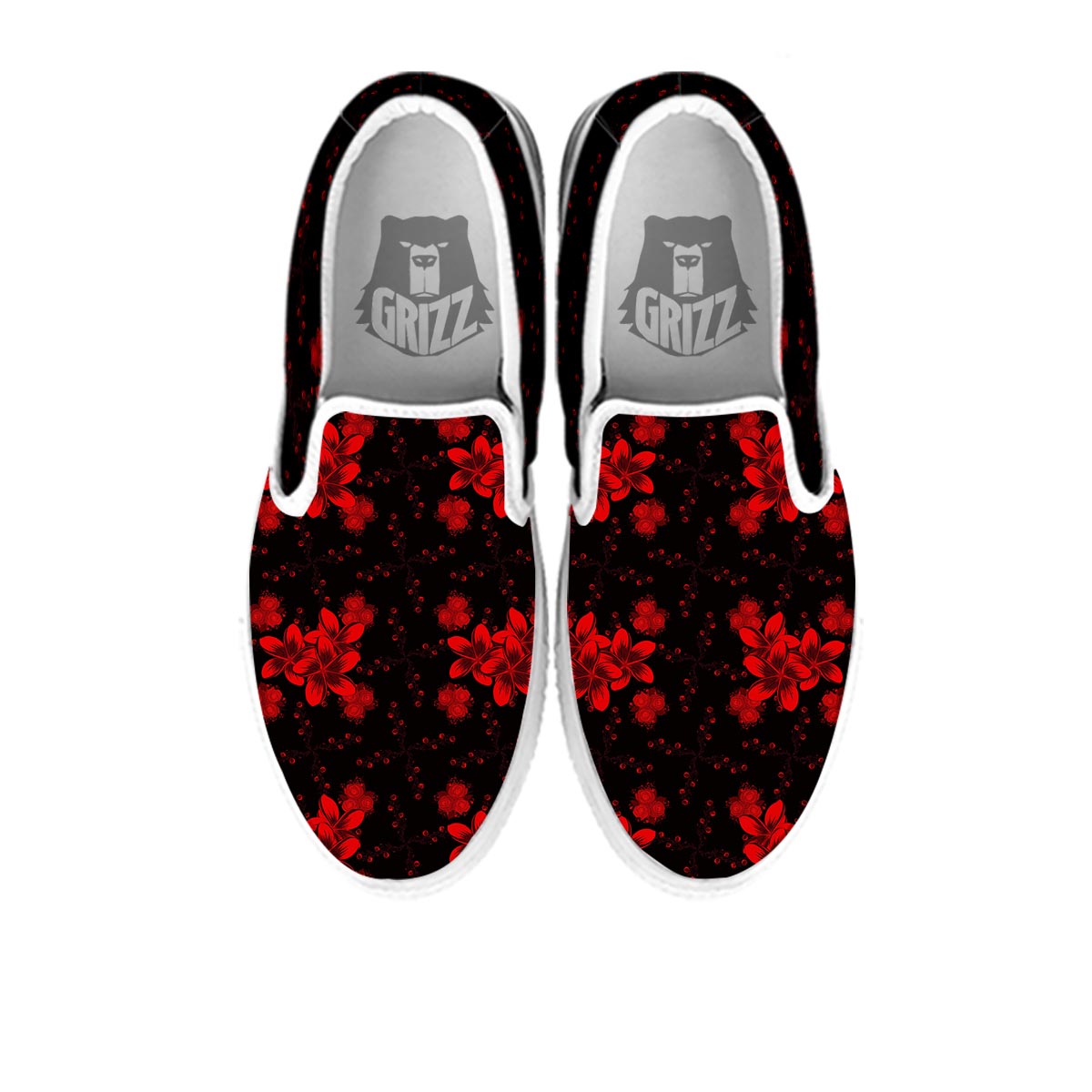 Frangipani Black And Red Print Pattern White Slip On Shoes-grizzshop