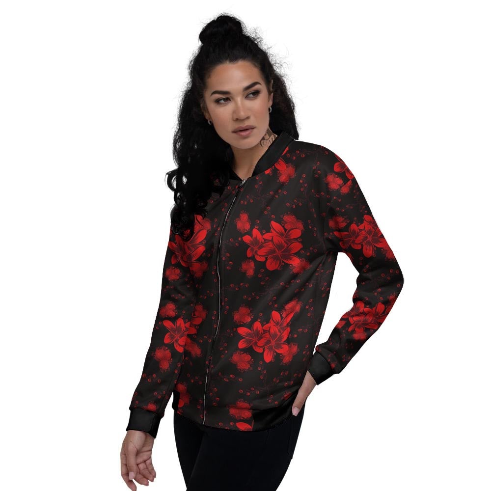 Frangipani Black And Red Print Pattern Women's Bomber Jacket-grizzshop