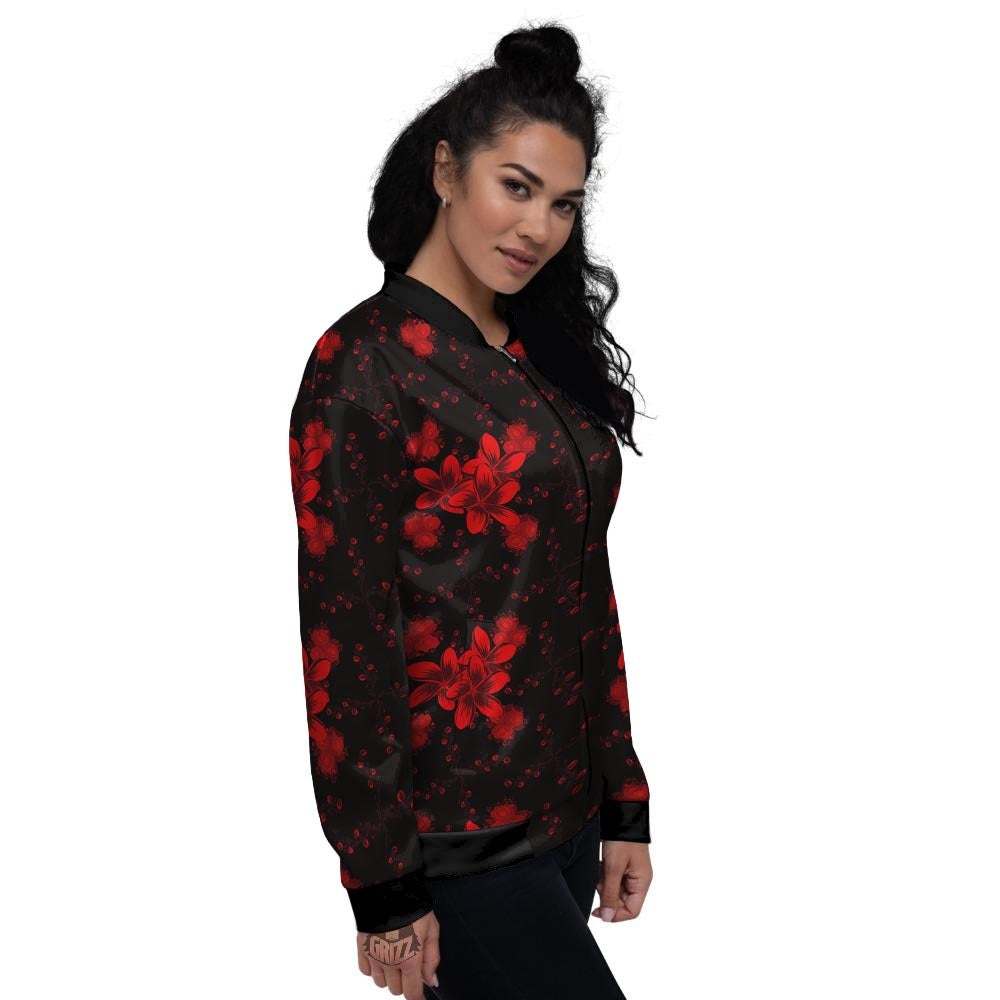 Frangipani Black And Red Print Pattern Women's Bomber Jacket-grizzshop