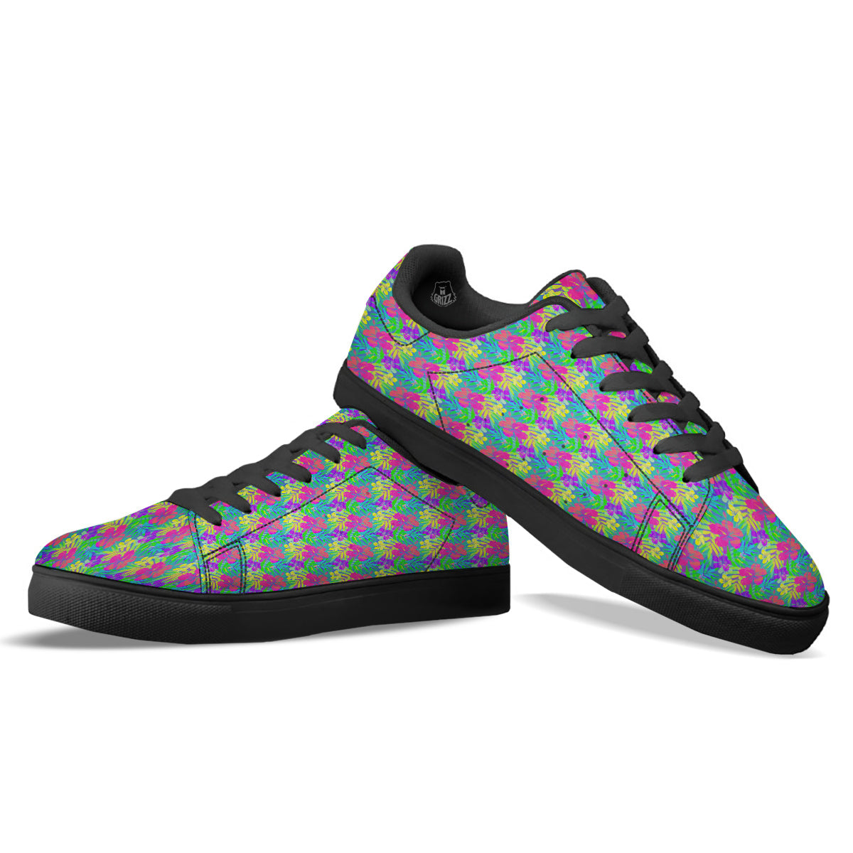 Frangipani Colorful Print Pattern Black Low Top Sneakers-grizzshop
