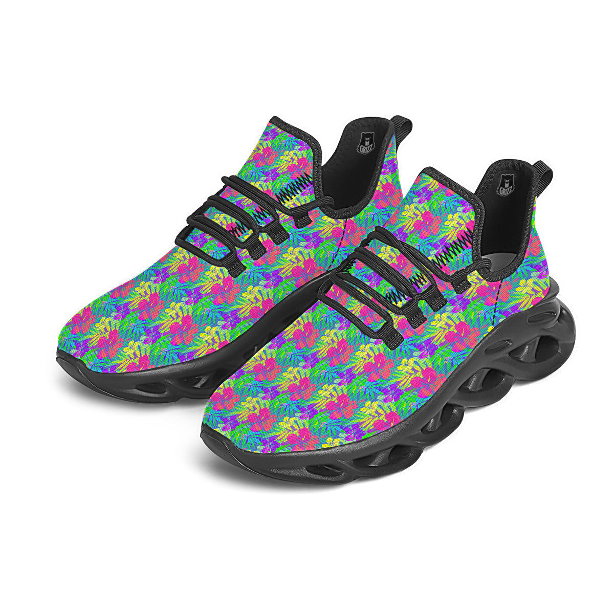 Frangipani Colorful Print Pattern Black Running Shoes-grizzshop