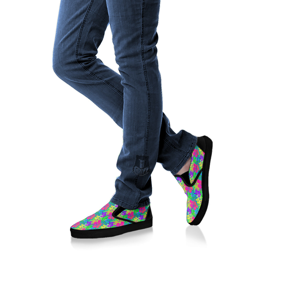 Frangipani Colorful Print Pattern Black Slip On Shoes-grizzshop