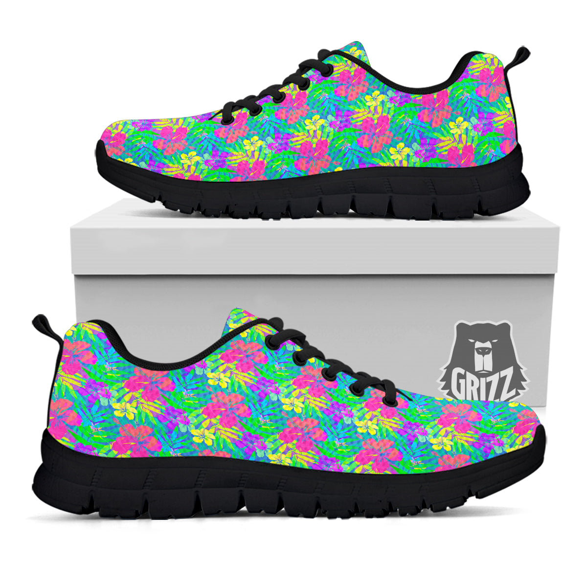 Frangipani Colorful Print Pattern Black Sneaker-grizzshop