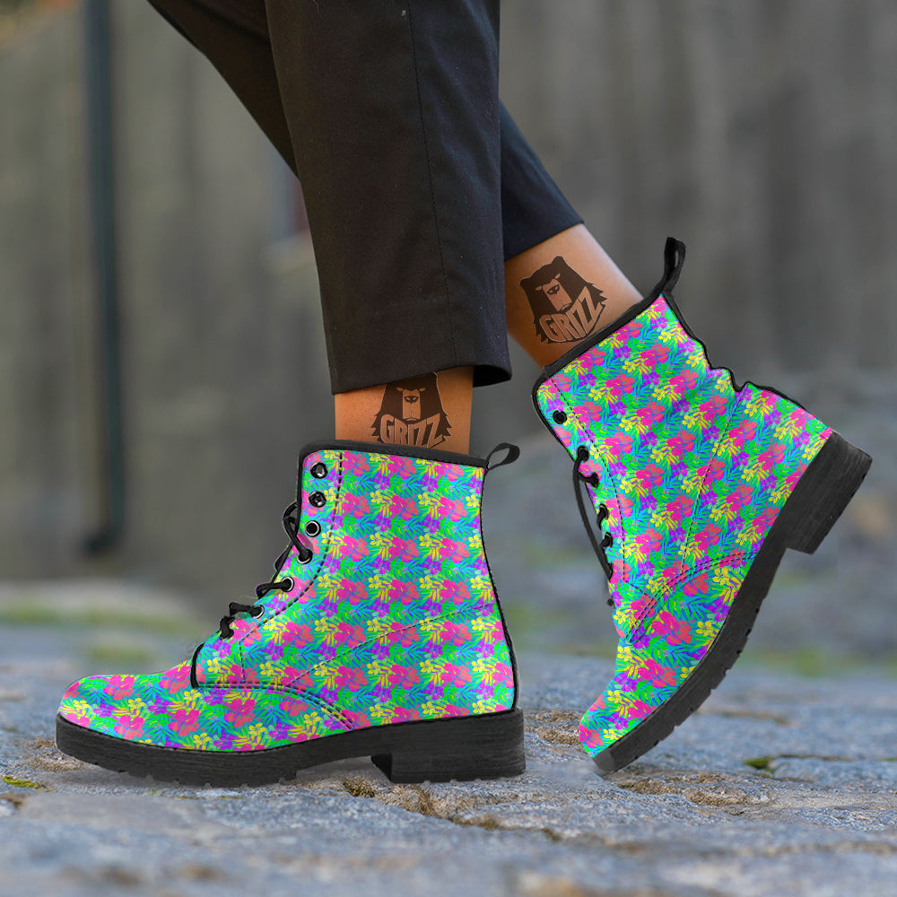 Frangipani Colorful Print Pattern Leather Boots-grizzshop