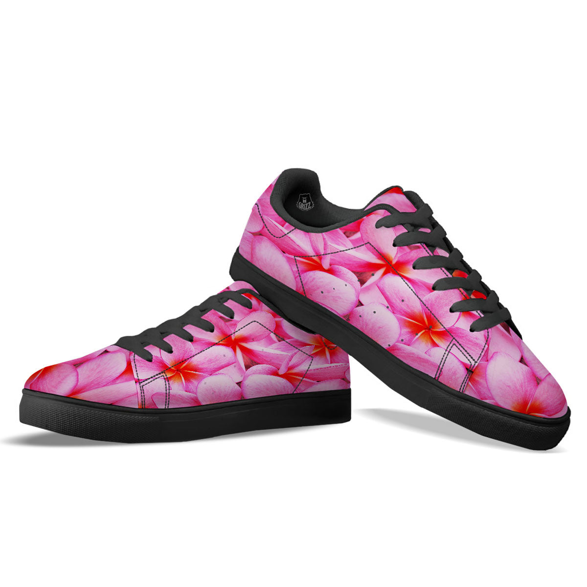 Frangipani Flower Pink Print Black Low Top Sneakers-grizzshop