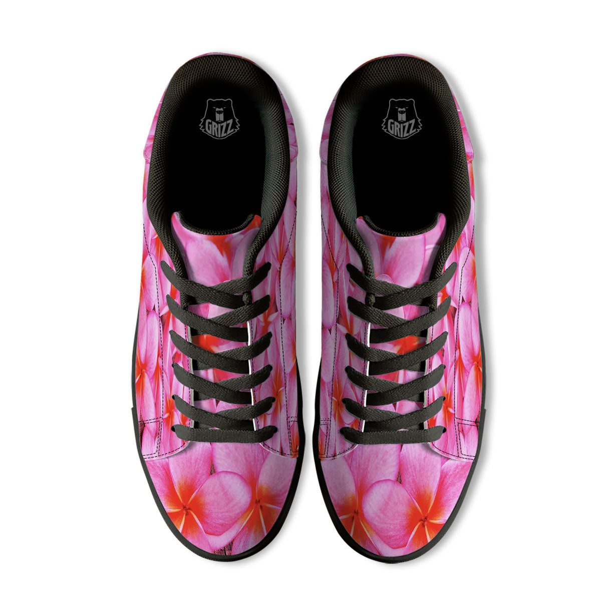 Frangipani Flower Pink Print Black Low Top Sneakers-grizzshop