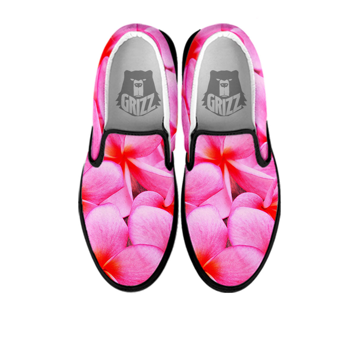 Frangipani Flower Pink Print Black Slip On Shoes-grizzshop