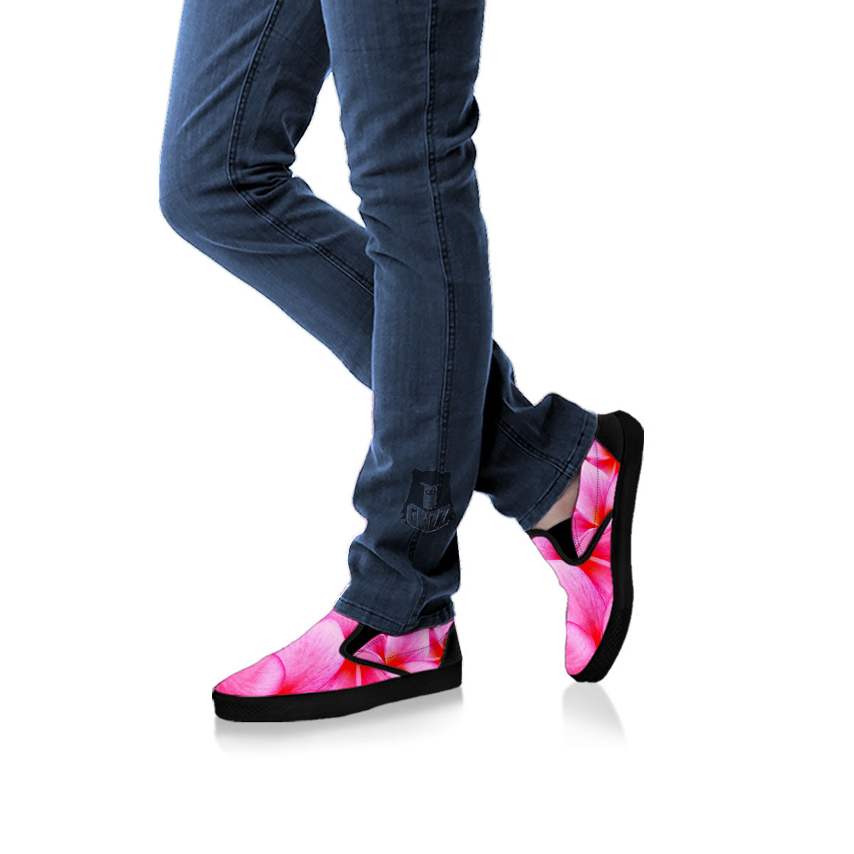 Frangipani Flower Pink Print Black Slip On Shoes-grizzshop