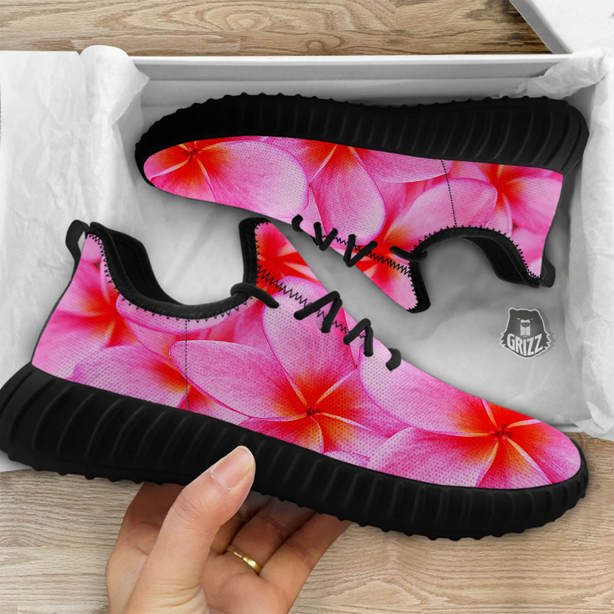 Frangipani Flower Pink Print Black Walking Shoes-grizzshop