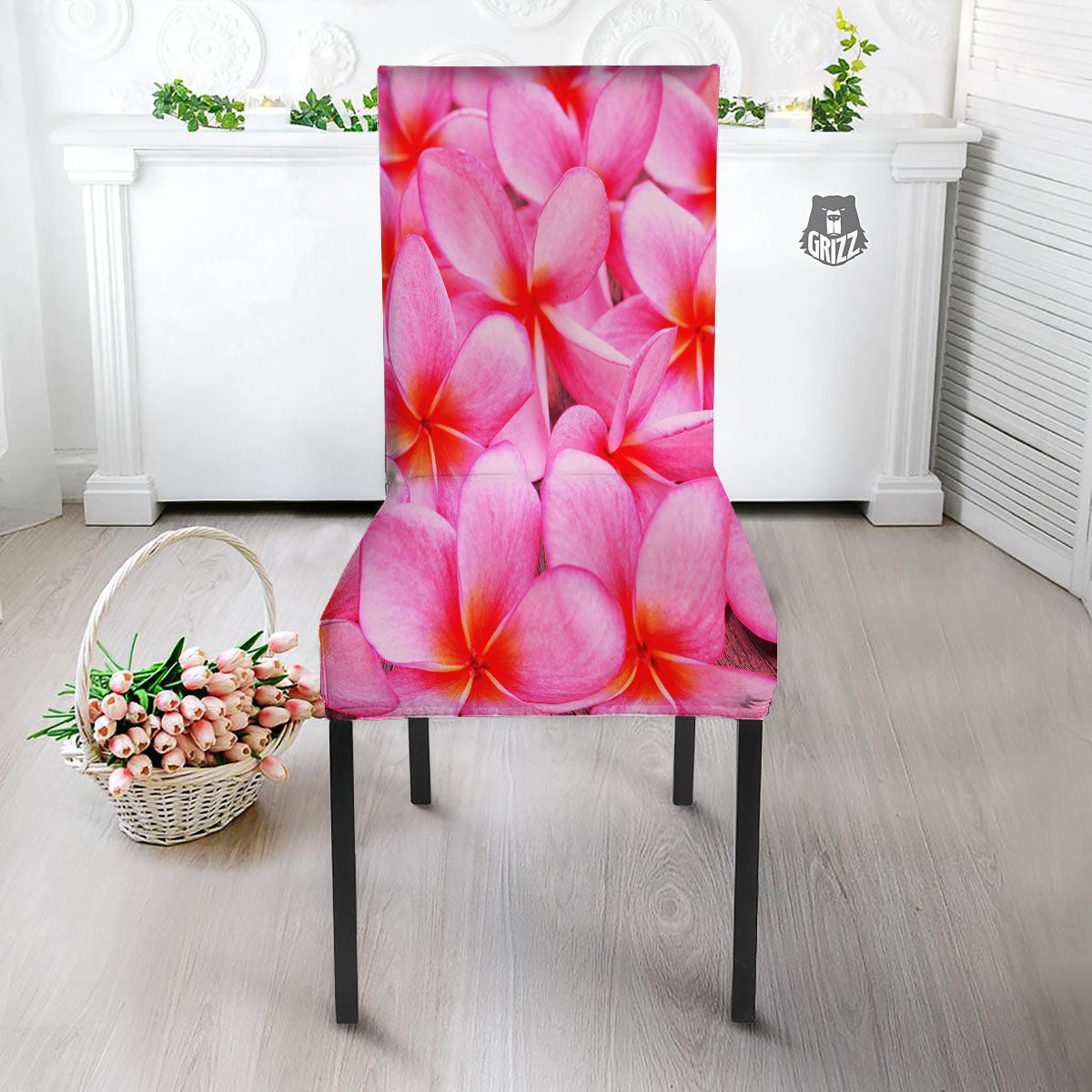 Frangipani Flower Pink Print Dining Chair Slipcover-grizzshop