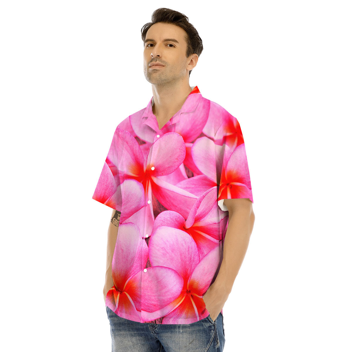 Frangipani Flower Pink Print Men's Hawaiian Shirt-grizzshop