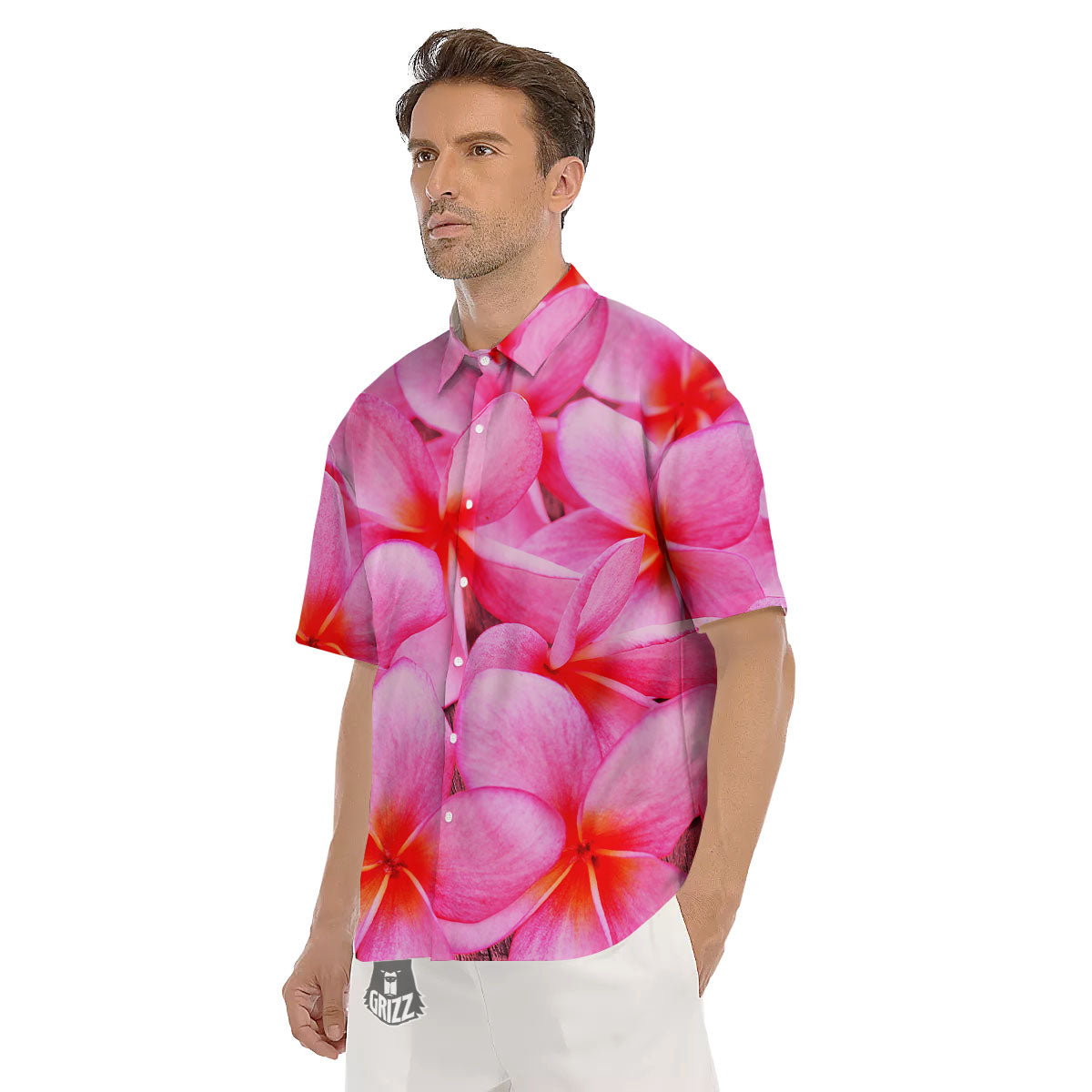 Frangipani Flower Pink Print Men's Short Sleeve Shirts-grizzshop
