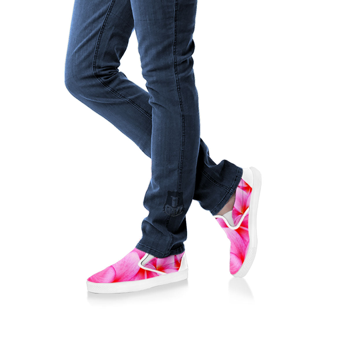 Frangipani Flower Pink Print White Slip On Shoes-grizzshop