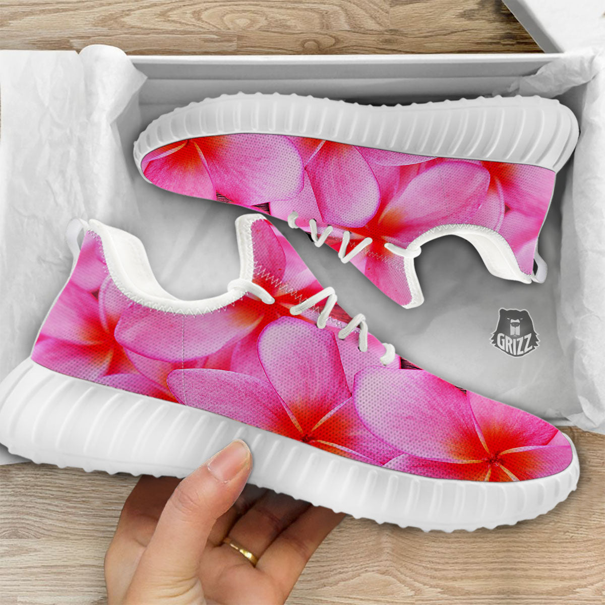 Frangipani Flower Pink Print White Walking Shoes-grizzshop