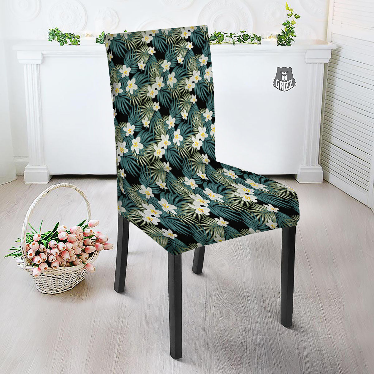 Frangipani Flower Print Pattern Dining Chair Slipcover-grizzshop