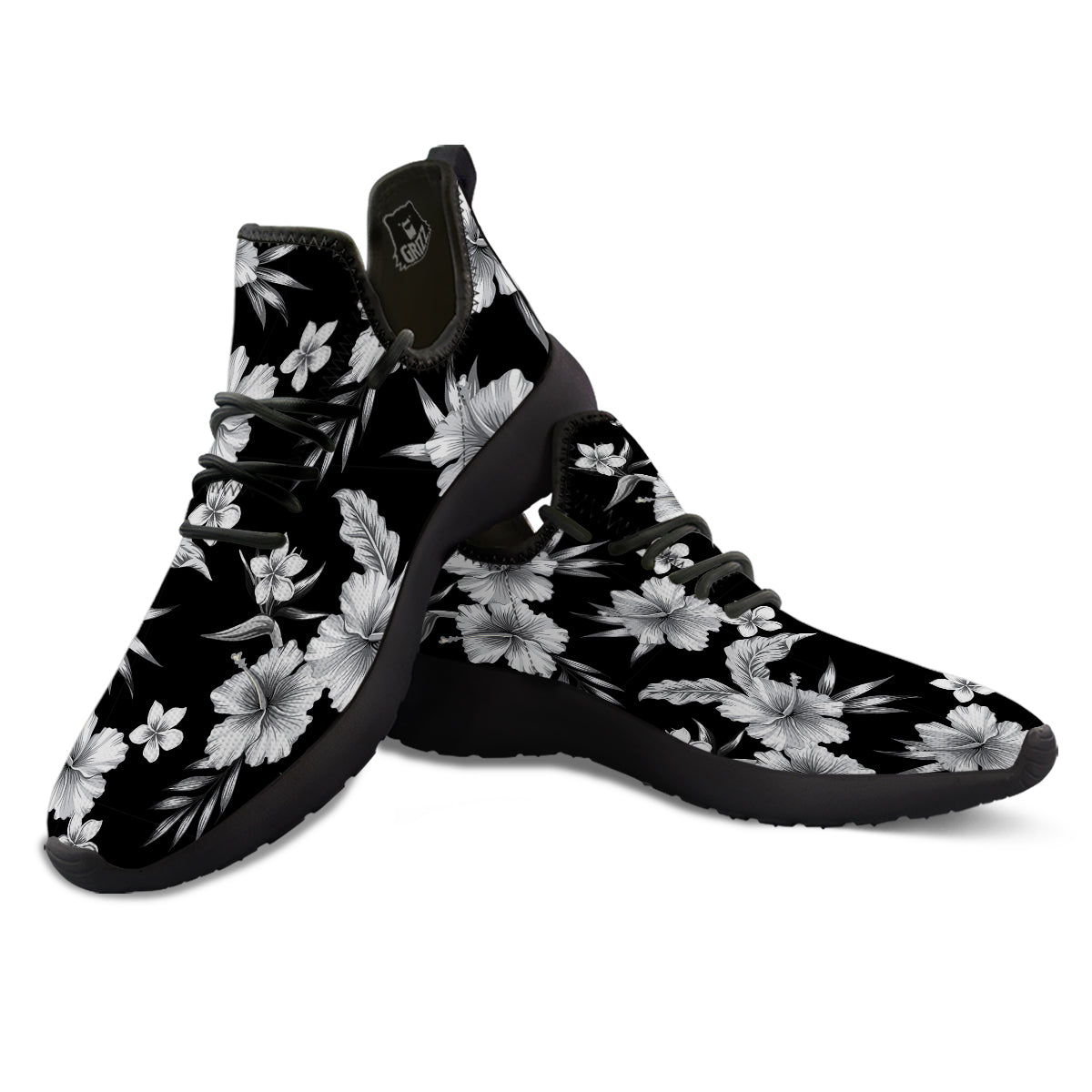 Frangipani White And Black Print Pattern Black Athletic Shoes-grizzshop