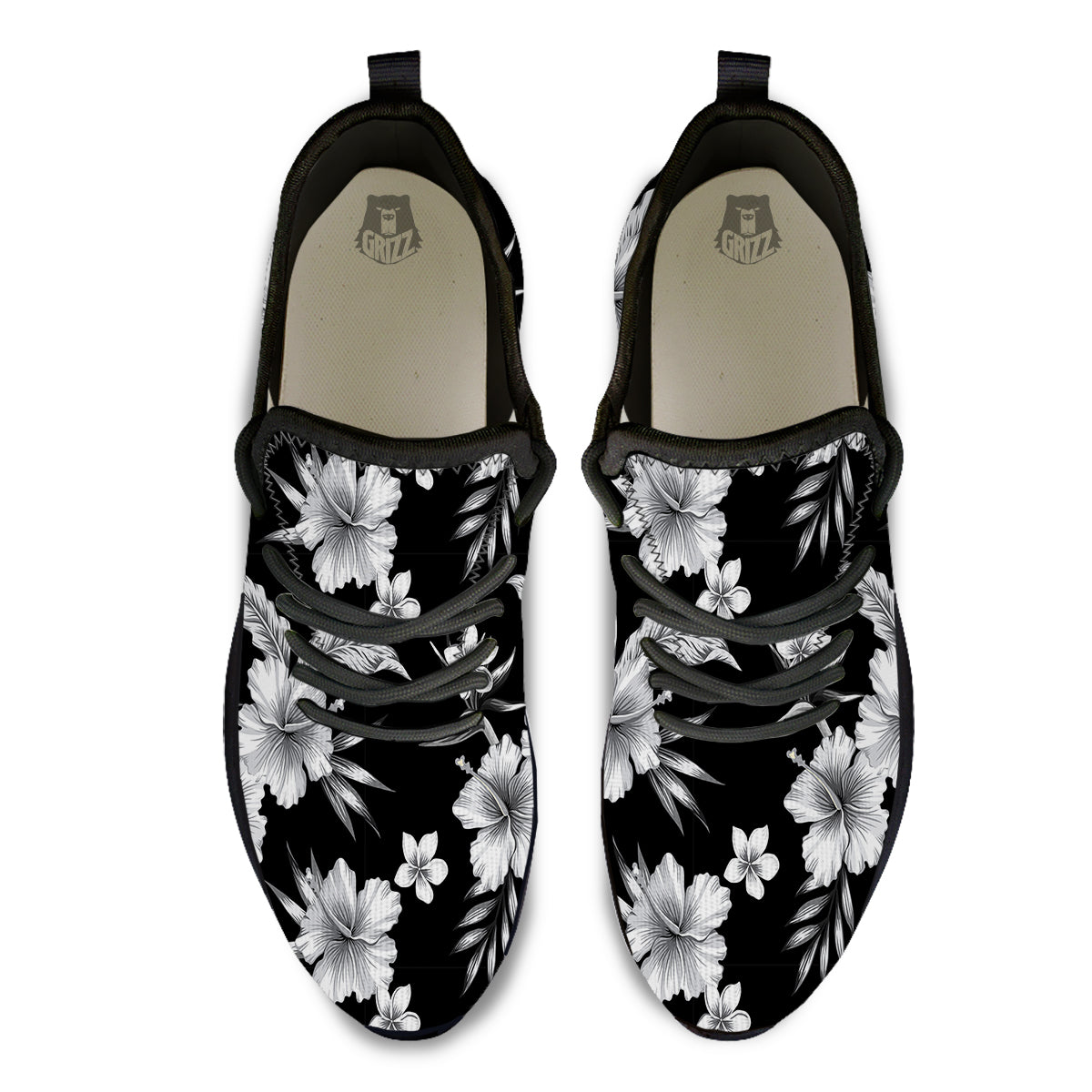Frangipani White And Black Print Pattern Black Athletic Shoes-grizzshop