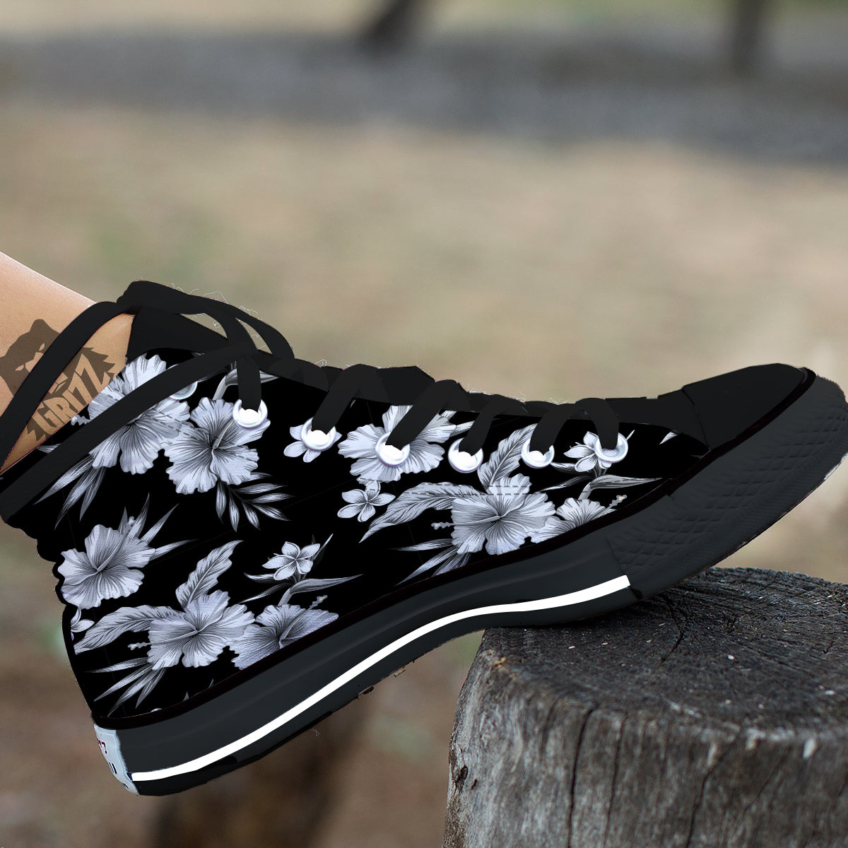 Frangipani White And Black Print Pattern Black High Top Shoes-grizzshop