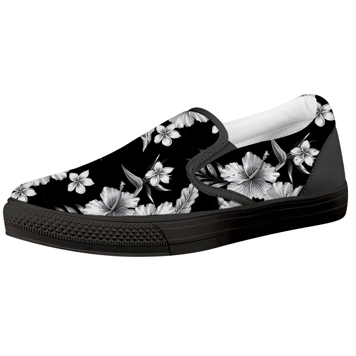 Frangipani White And Black Print Pattern Black Slip On Shoes-grizzshop