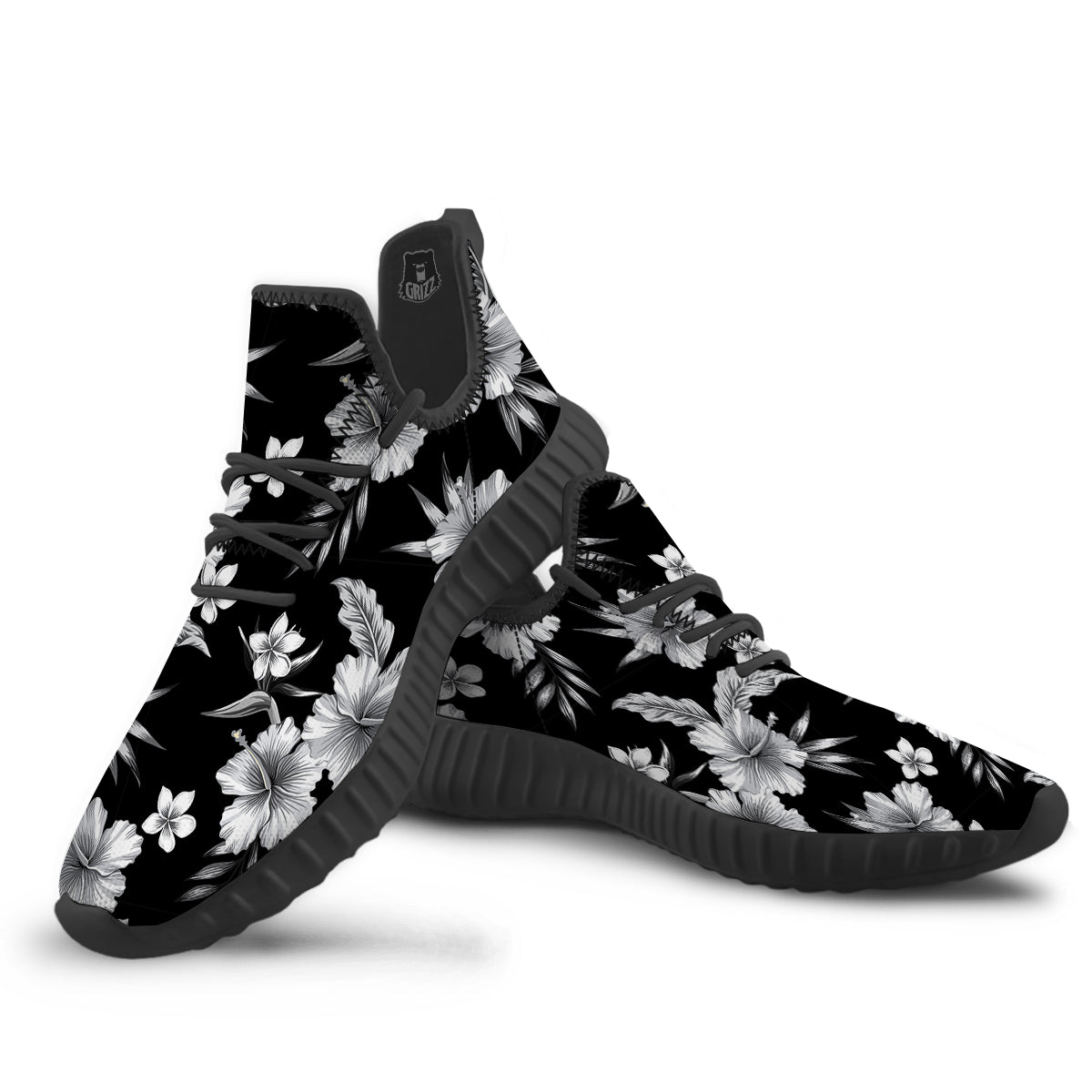 Frangipani White And Black Print Pattern Black Walking Shoes-grizzshop