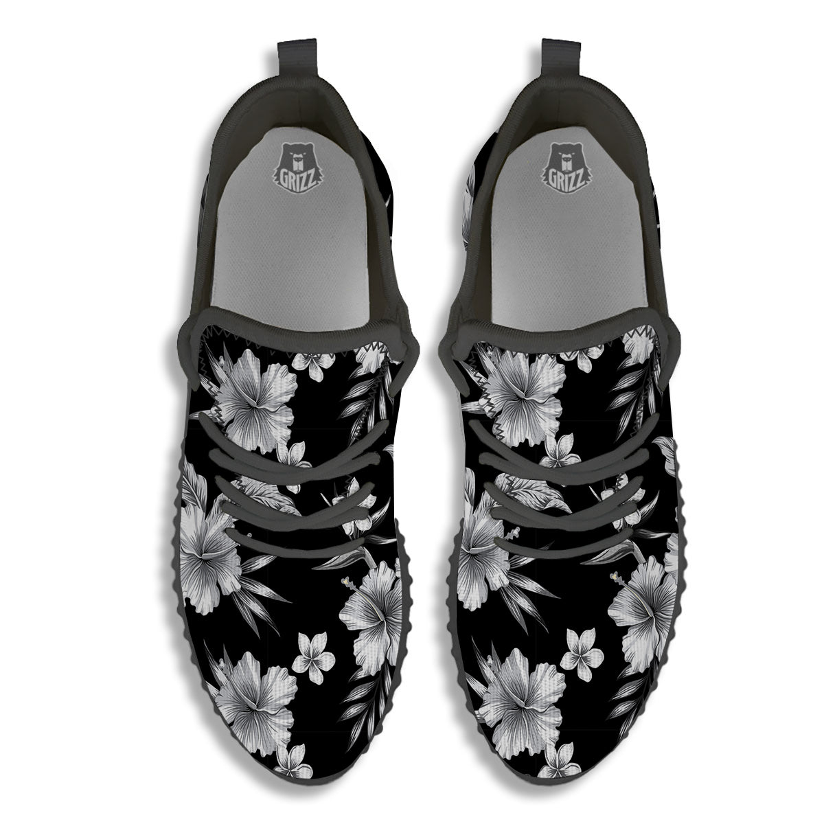 Frangipani White And Black Print Pattern Black Walking Shoes-grizzshop