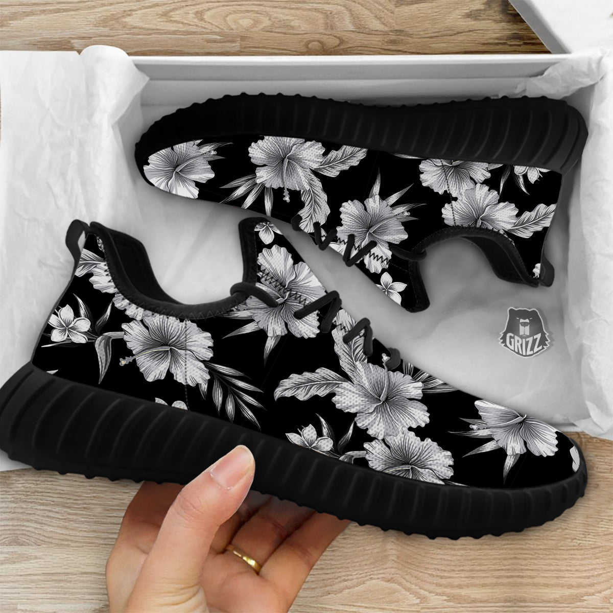 Frangipani White And Black Print Pattern Black Walking Shoes-grizzshop