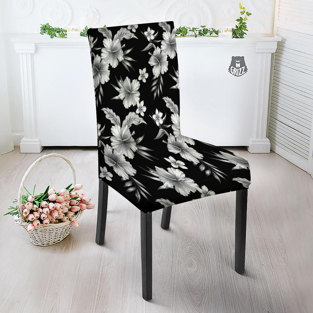 Frangipani White And Black Print Pattern Dining Chair Slipcover-grizzshop