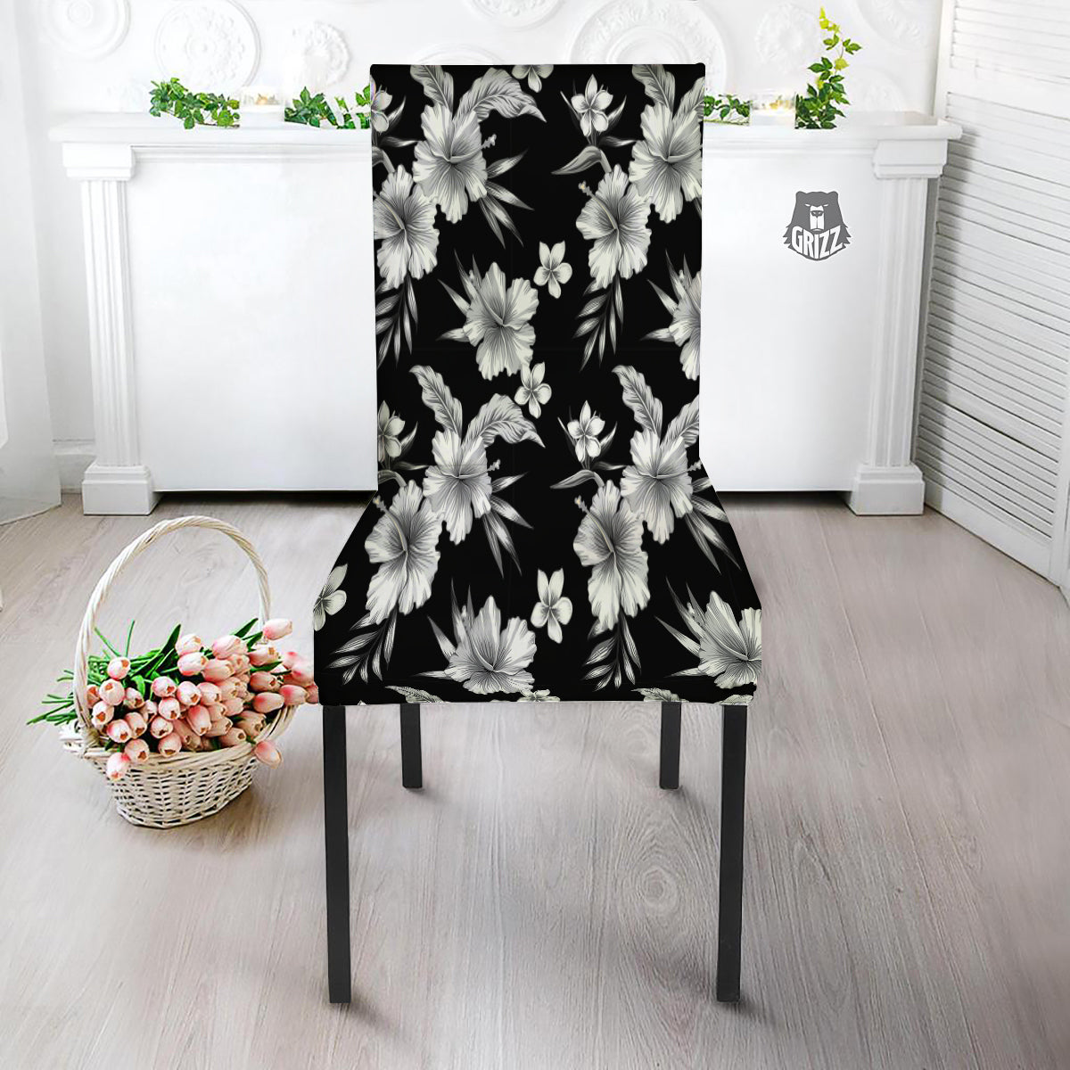 Frangipani White And Black Print Pattern Dining Chair Slipcover-grizzshop