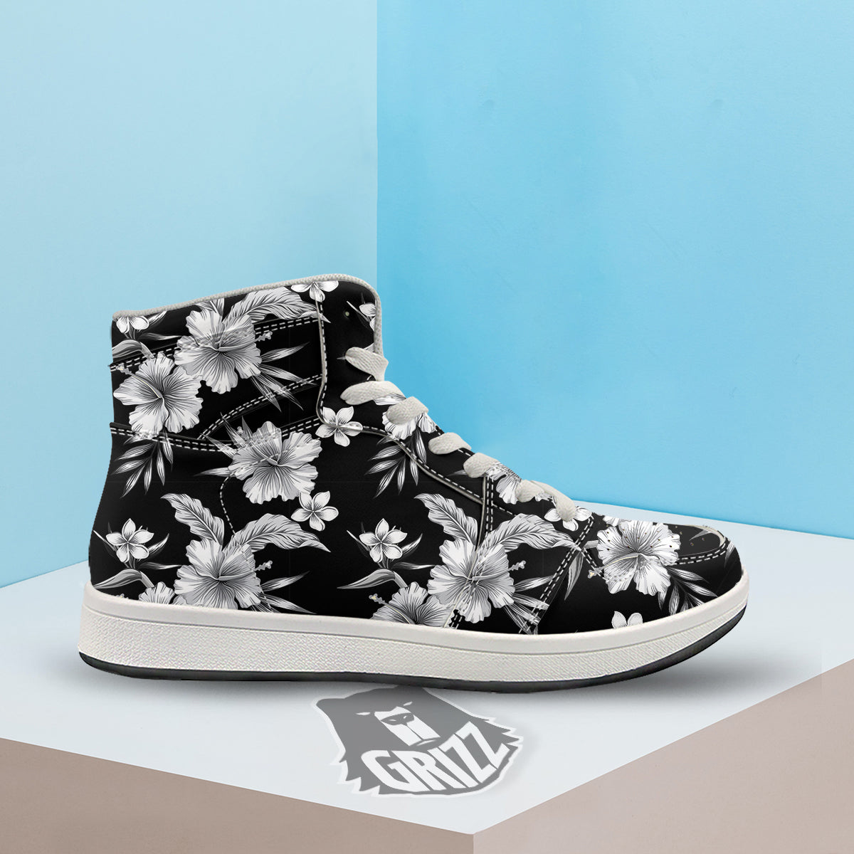 Frangipani White And Black Print Pattern High Top Sneakers-grizzshop
