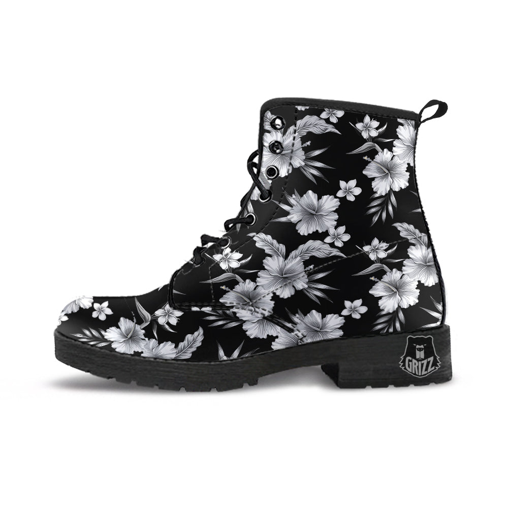 Frangipani White And Black Print Pattern Leather Boots-grizzshop