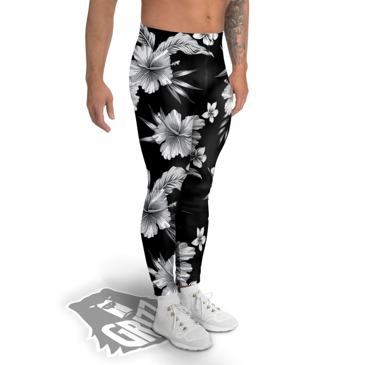 Frangipani White And Black Print Pattern Men's Leggings-grizzshop