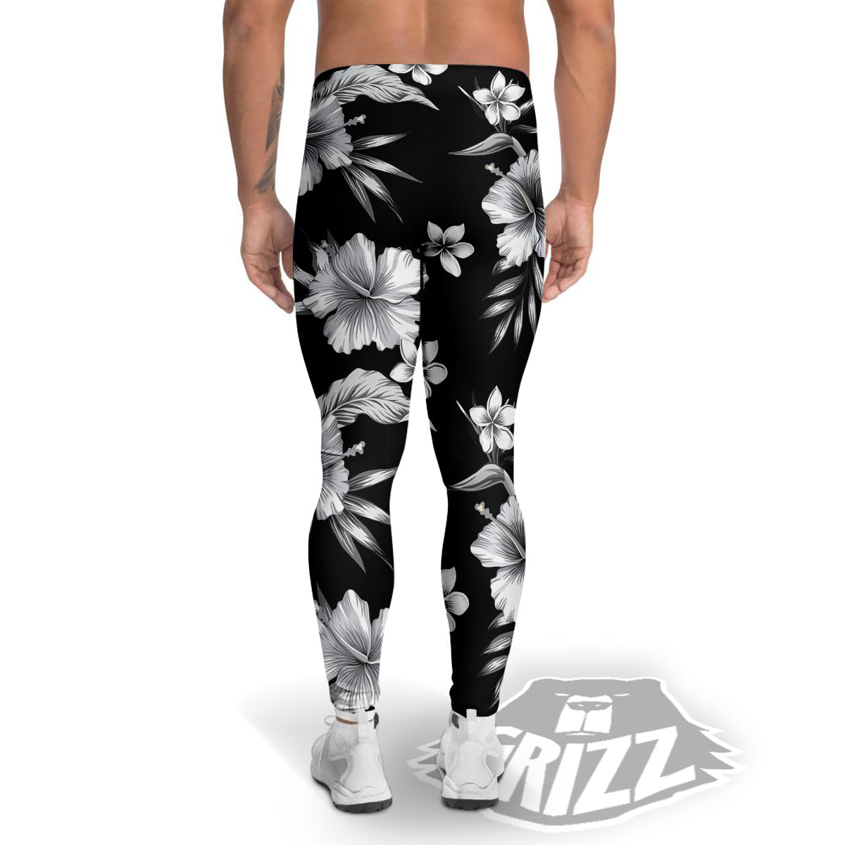 Frangipani White And Black Print Pattern Men's Leggings-grizzshop