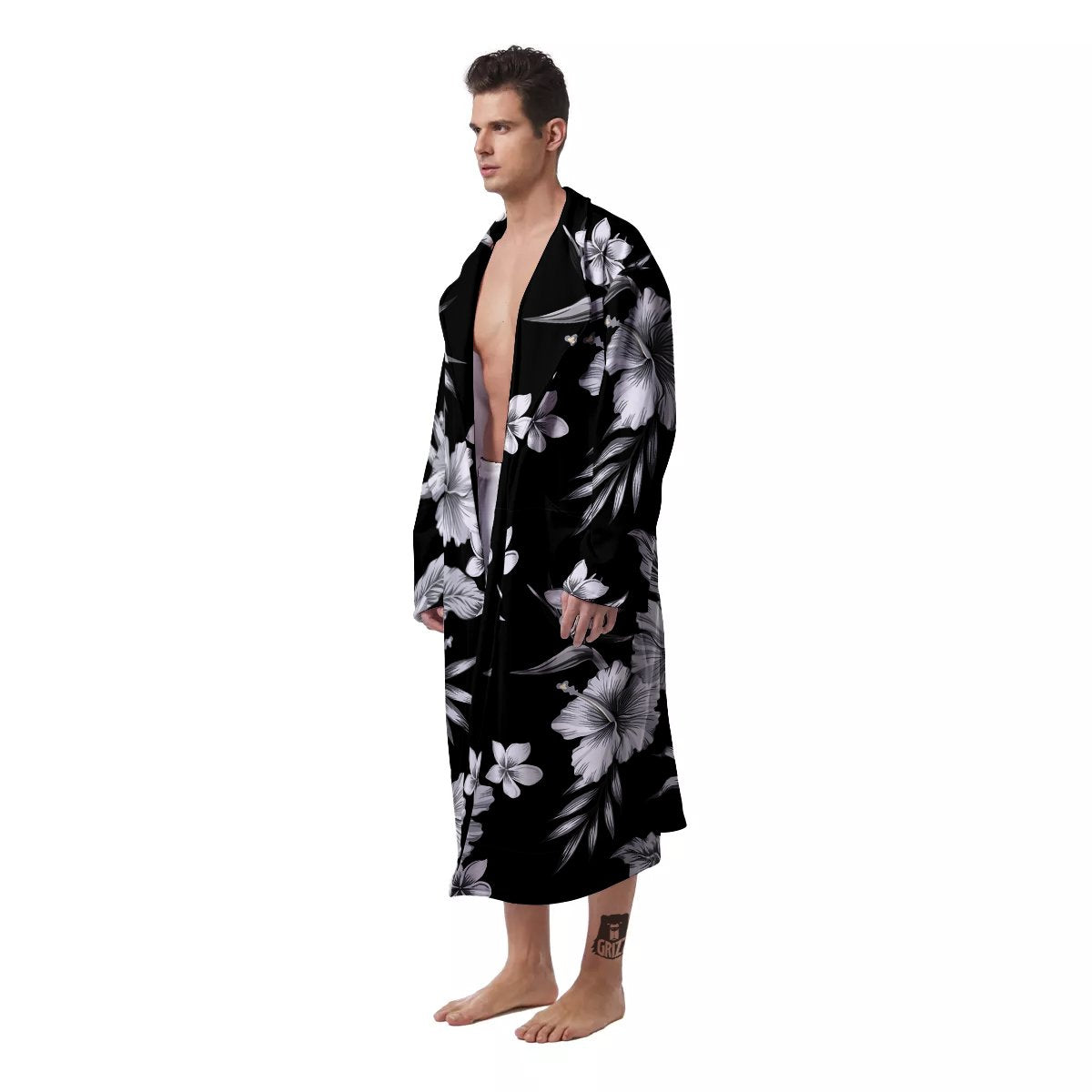 Frangipani White And Black Print Pattern Men's Robe-grizzshop