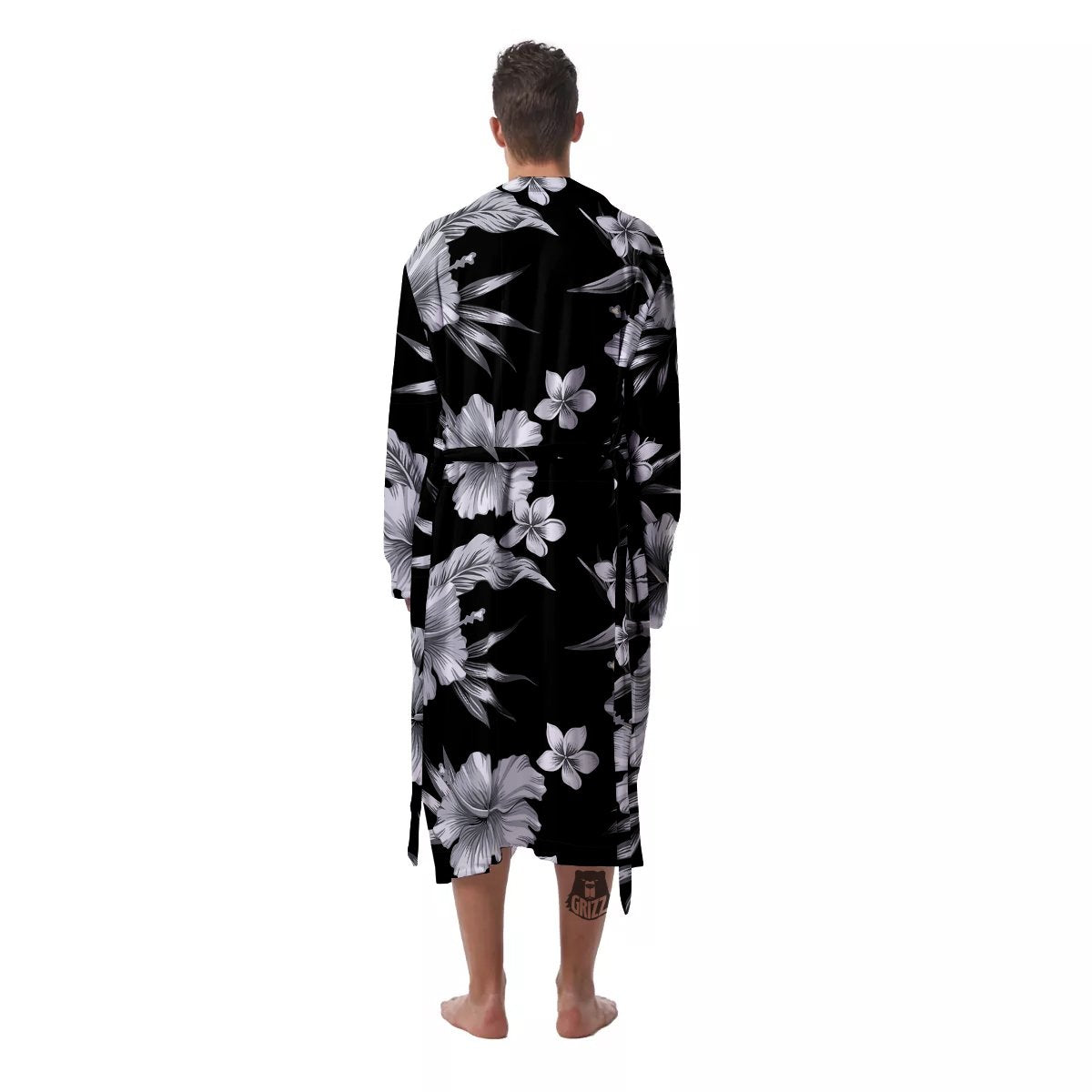 Frangipani White And Black Print Pattern Men's Robe-grizzshop