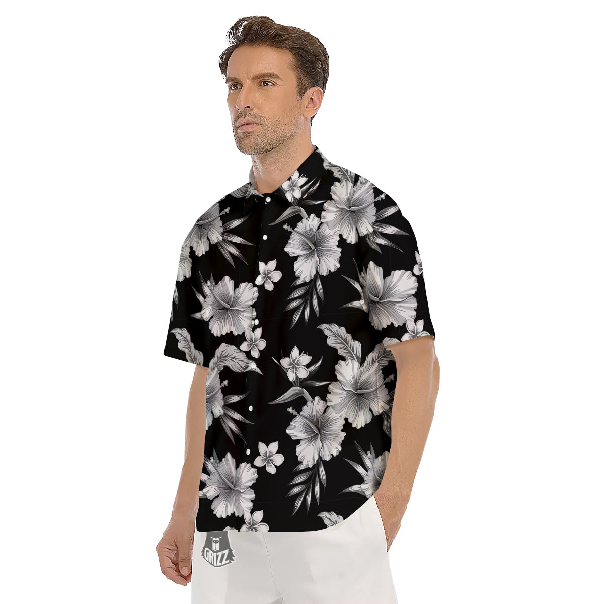 Frangipani White And Black Print Pattern Men's Short Sleeve Shirts-grizzshop