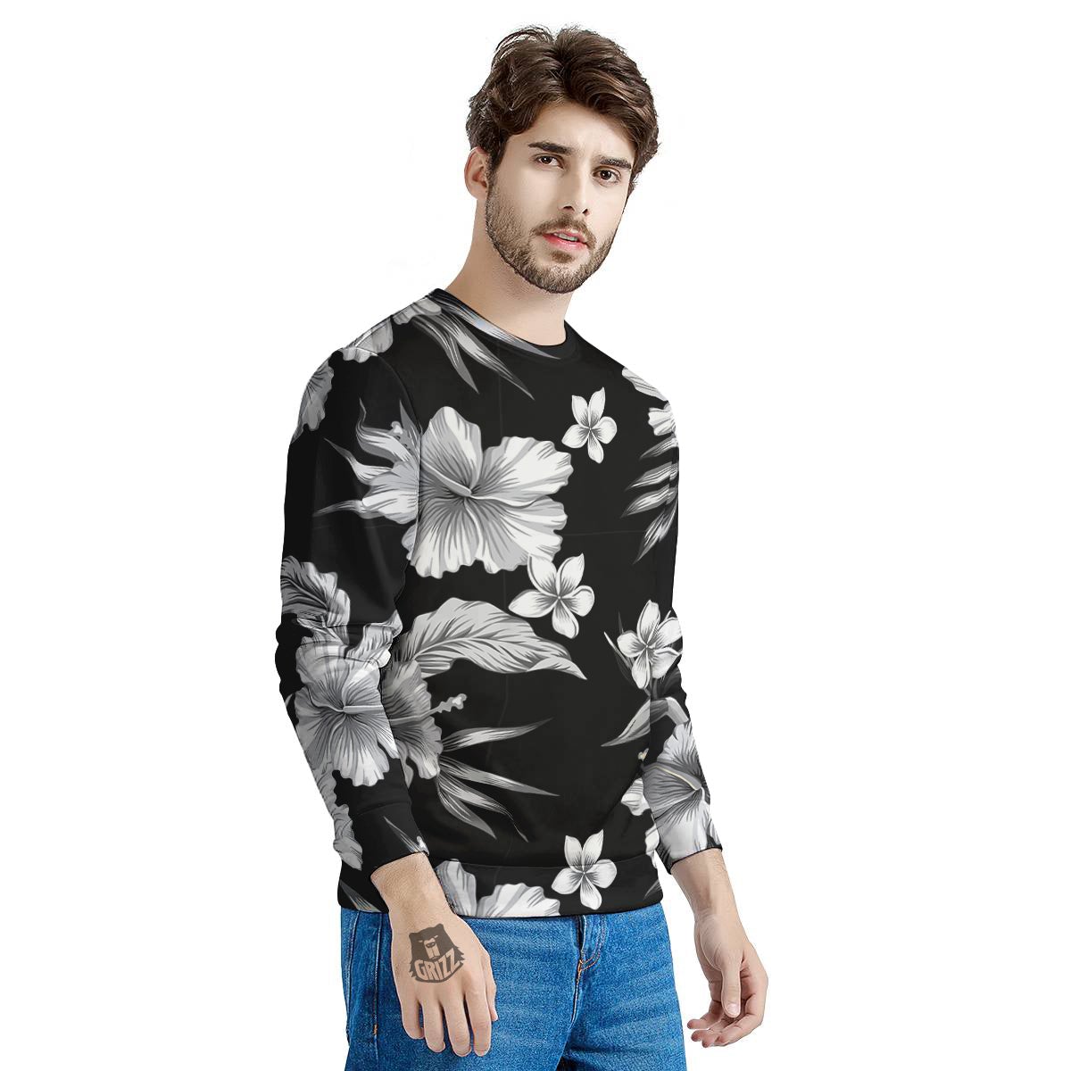 Frangipani White And Black Print Pattern Men's Sweatshirt-grizzshop
