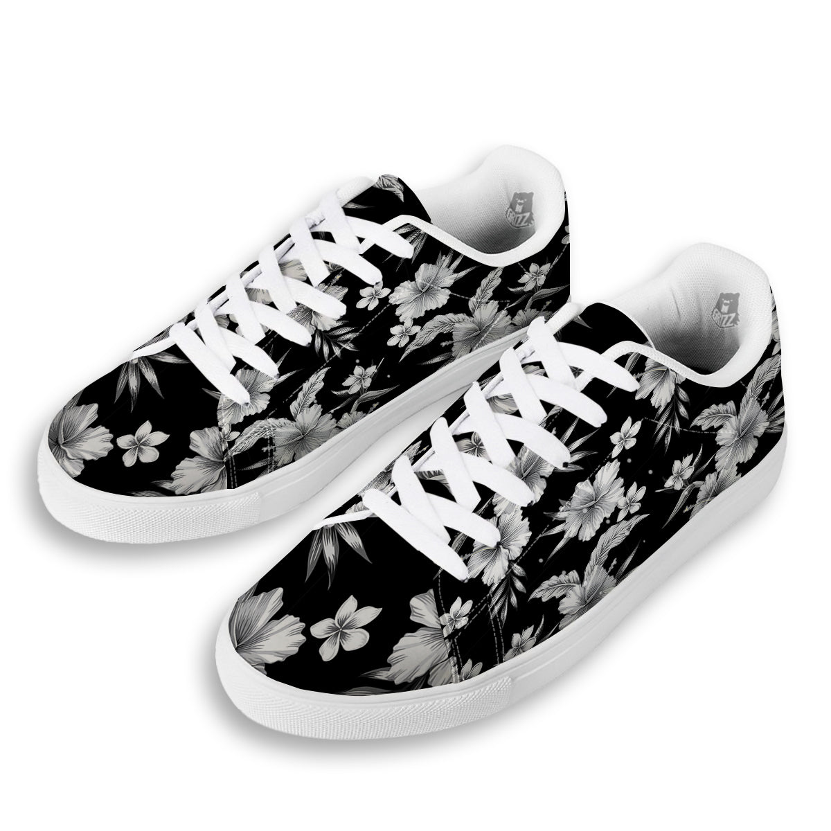 Frangipani White And Black Print Pattern White Low Top Sneakers-grizzshop