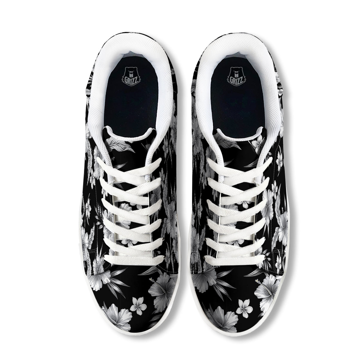 Frangipani White And Black Print Pattern White Low Top Sneakers-grizzshop