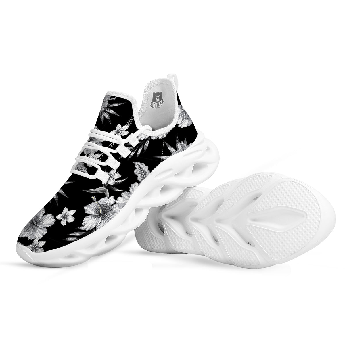 Frangipani White And Black Print Pattern White Running Shoes-grizzshop