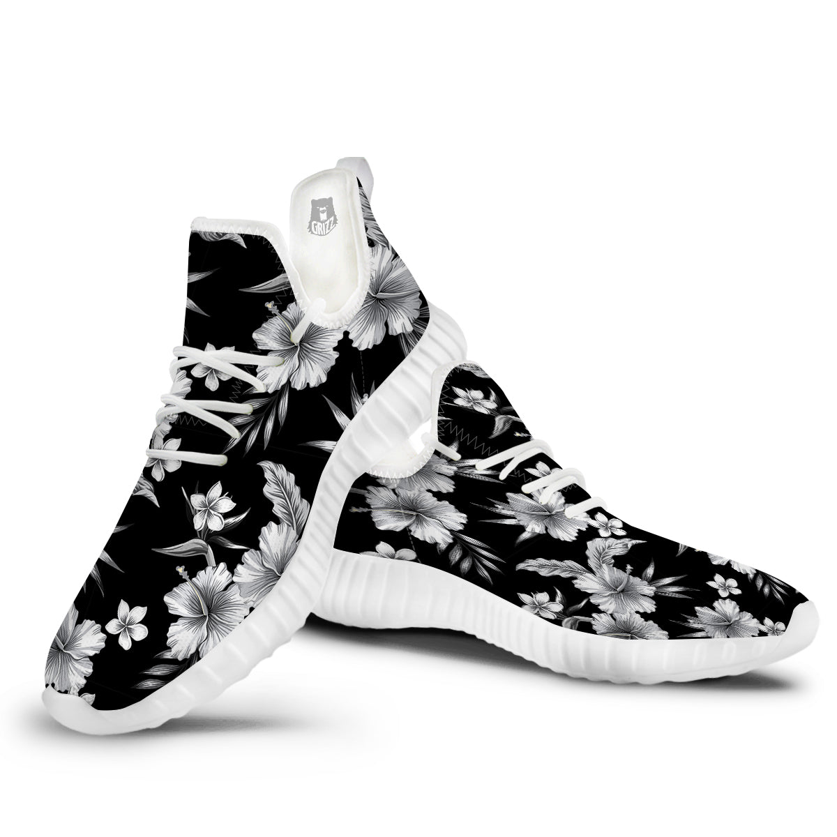 Frangipani White And Black Print Pattern White Walking Shoes-grizzshop