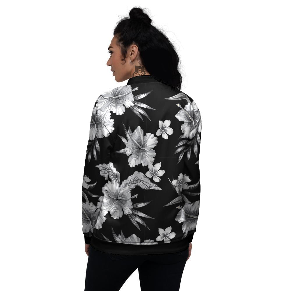 Frangipani White And Black Print Pattern Women's Bomber Jacket-grizzshop