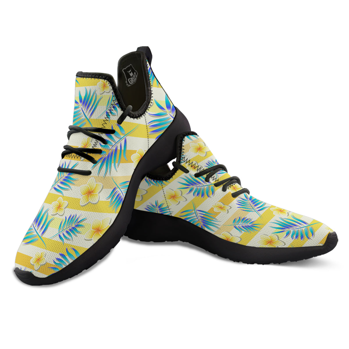 Frangipani Yellow Print Pattern Black Athletic Shoes-grizzshop