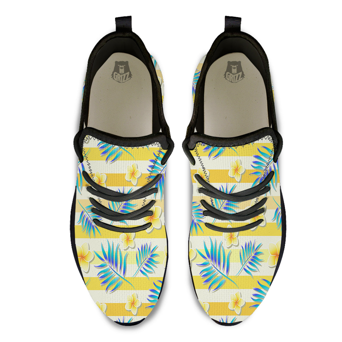 Frangipani Yellow Print Pattern Black Athletic Shoes-grizzshop