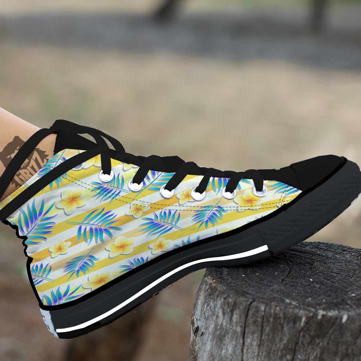 Frangipani Yellow Print Pattern Black High Top Shoes-grizzshop
