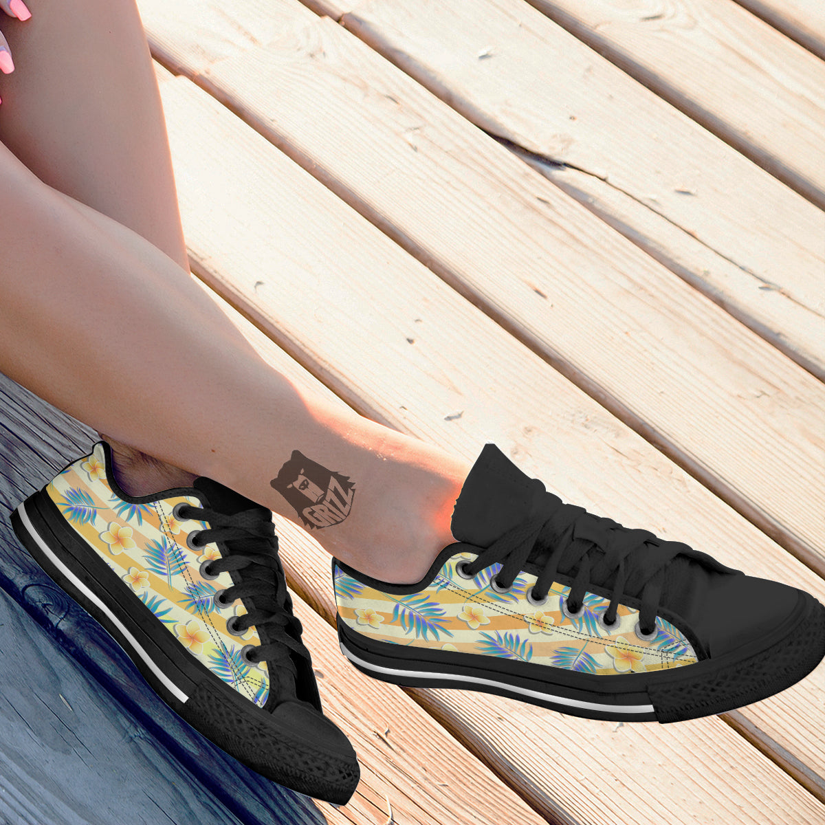Frangipani Yellow Print Pattern Black Low Top Shoes-grizzshop