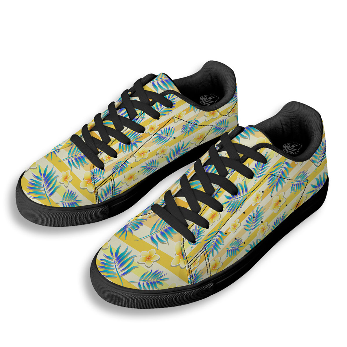 Frangipani Yellow Print Pattern Black Low Top Sneakers-grizzshop