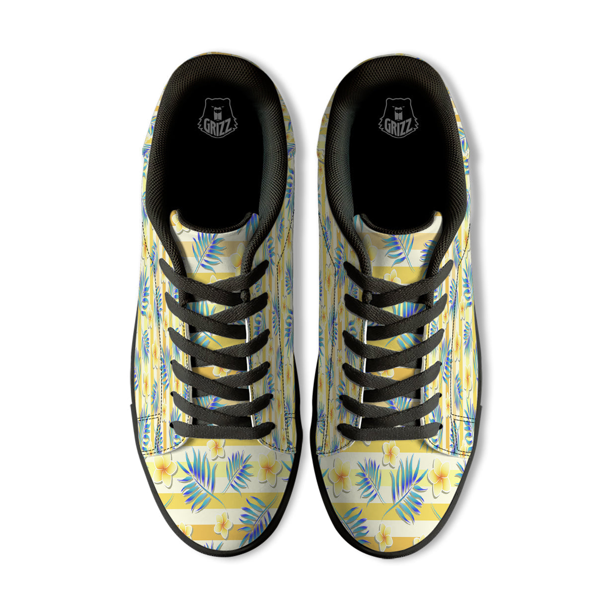 Frangipani Yellow Print Pattern Black Low Top Sneakers-grizzshop