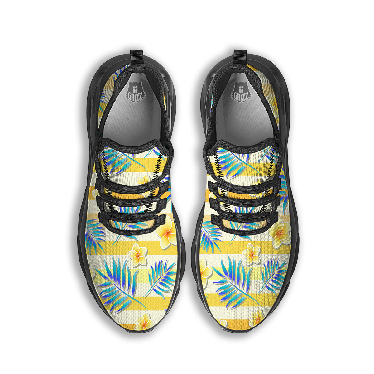 Frangipani Yellow Print Pattern Black Running Shoes-grizzshop