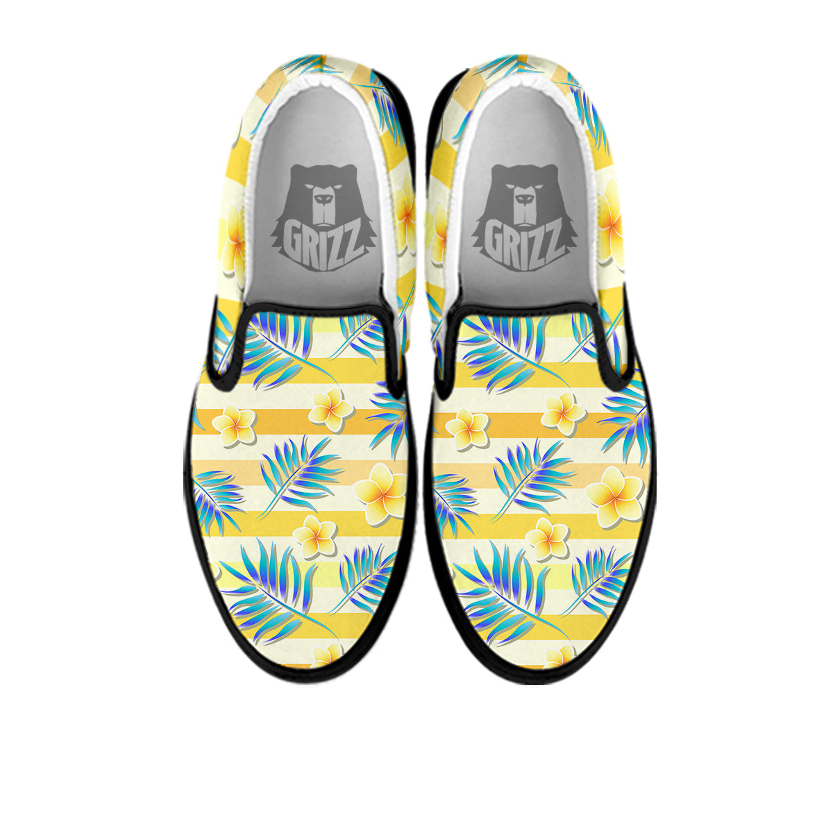 Frangipani Yellow Print Pattern Black Slip On Shoes-grizzshop