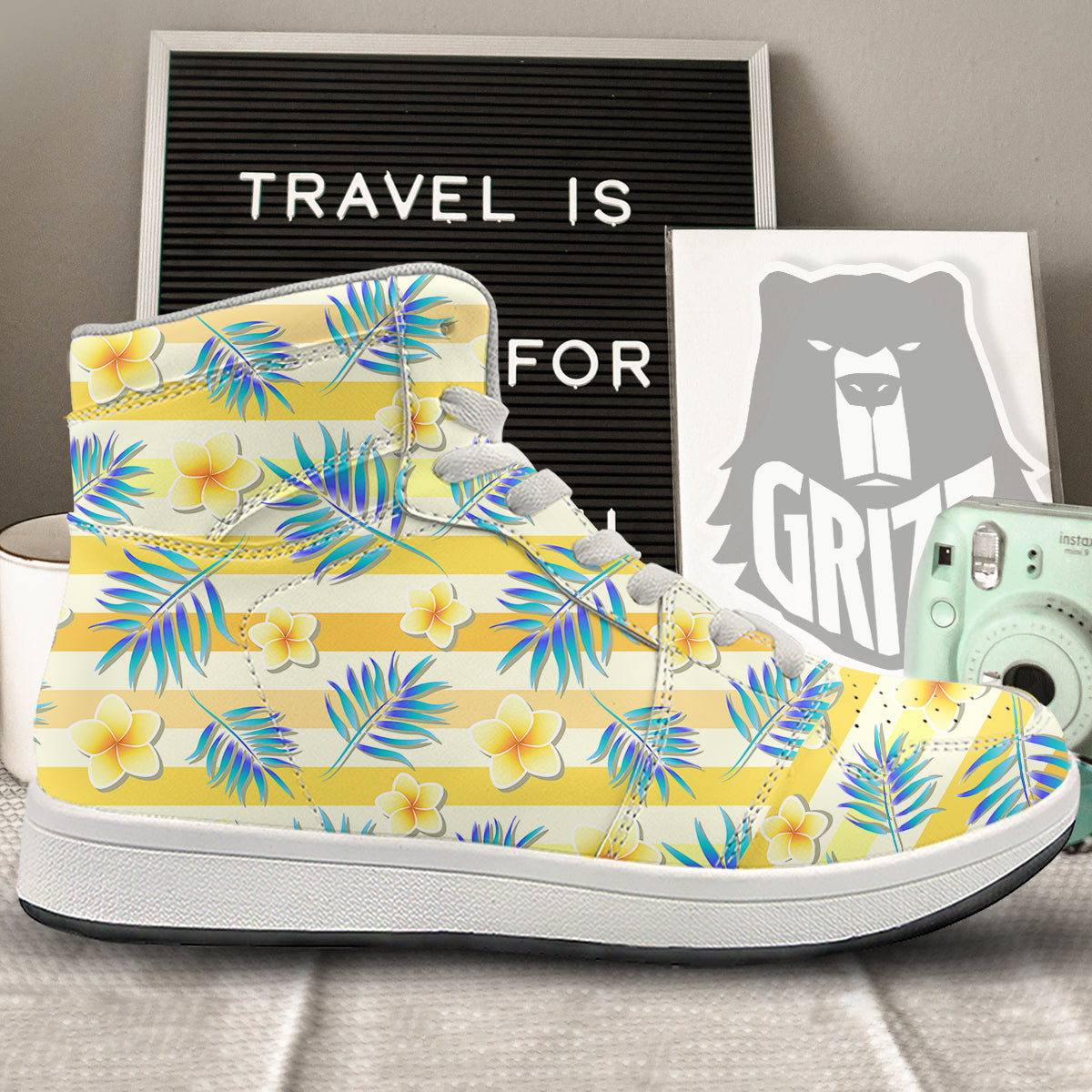 Frangipani Yellow Print Pattern High Top Sneakers-grizzshop